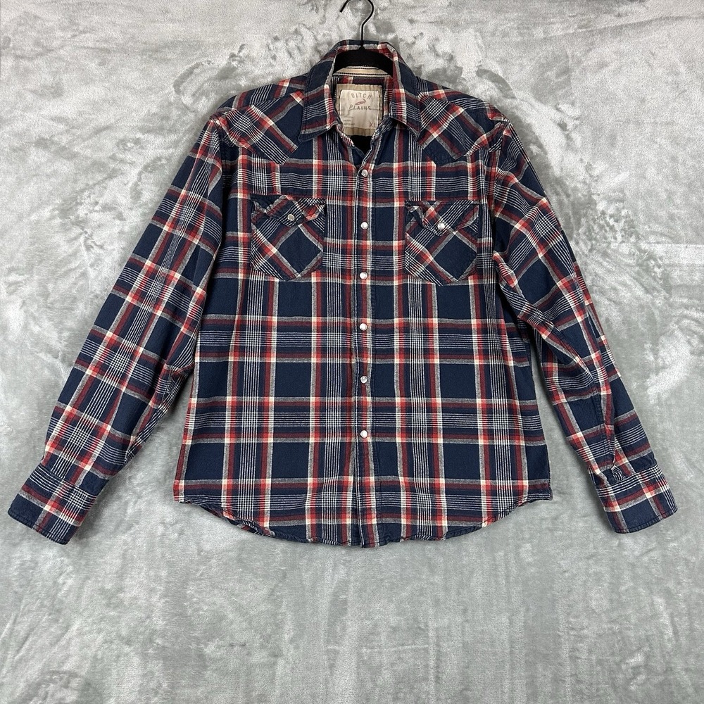 Ditch Plains Pearl Snap Closure Shirt Men's XL Red Blue Plaid Cotton
